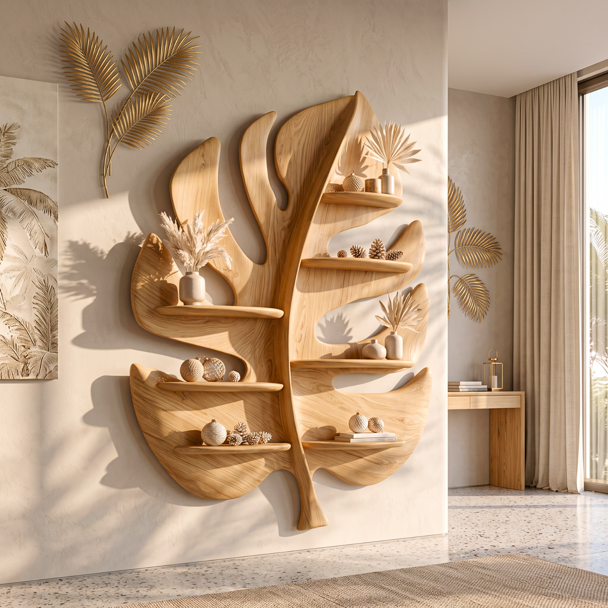Tropical Leaf Solid Wood Wall Shelf with Organic Sculptural Display Shelves