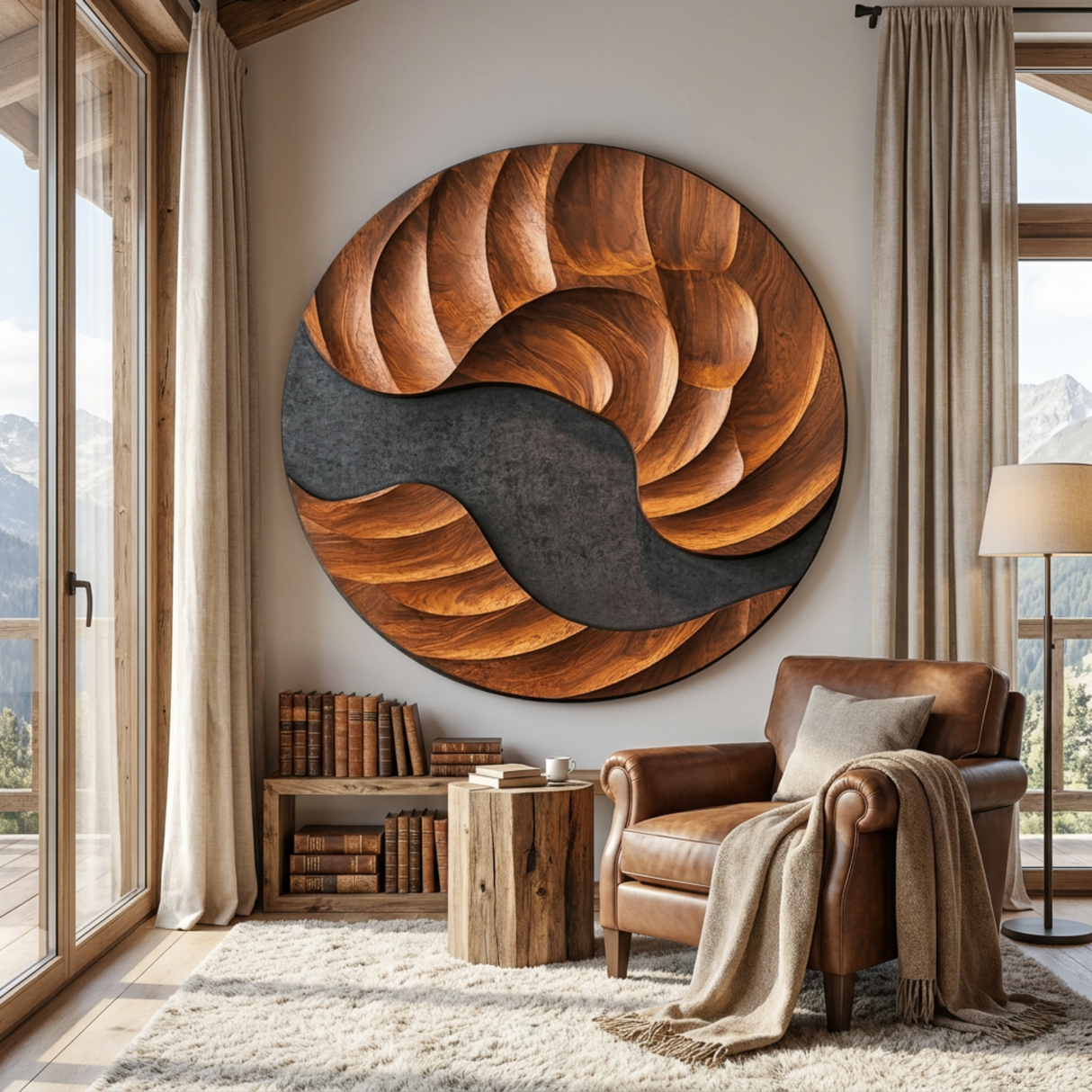 Solid Wood Abstract Wall Art with Swirling Cutout and Layered Carved Grain