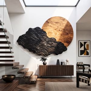 Sculptural Wall Art with Black Mountain Layers and Oversized Natural Wood Sun