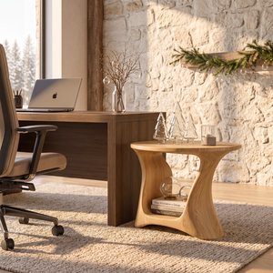 Handcrafted Solid Wood Side Table with Open Book Storage and Sculptural Curved Base