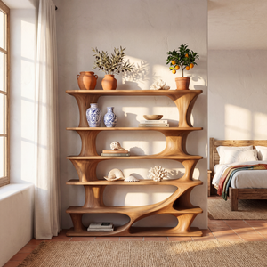 Architectural Tiered Wood Bookcase with Flowing Open Shelves