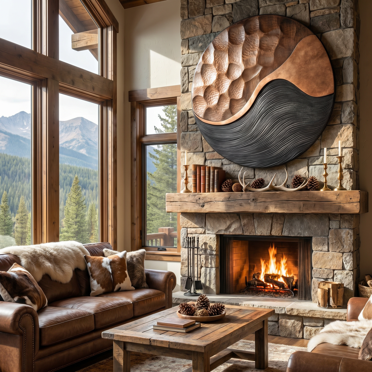 Handcrafted Oval Wood Wall Art with Black Wave Texture and Carved Mosaic Relief