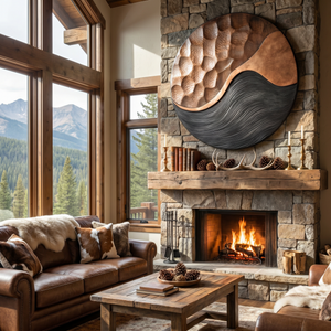 Handcrafted Oval Wood Wall Art with Black Wave Texture and Carved Mosaic Relief