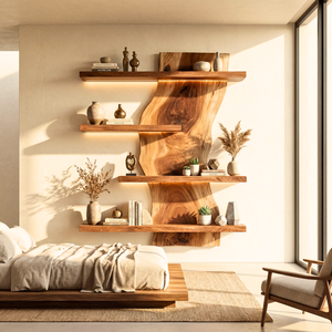 Modern Live Edge Wooden Wall Shelf Handmade Floating Solid Wood Bookcase Display Shelf