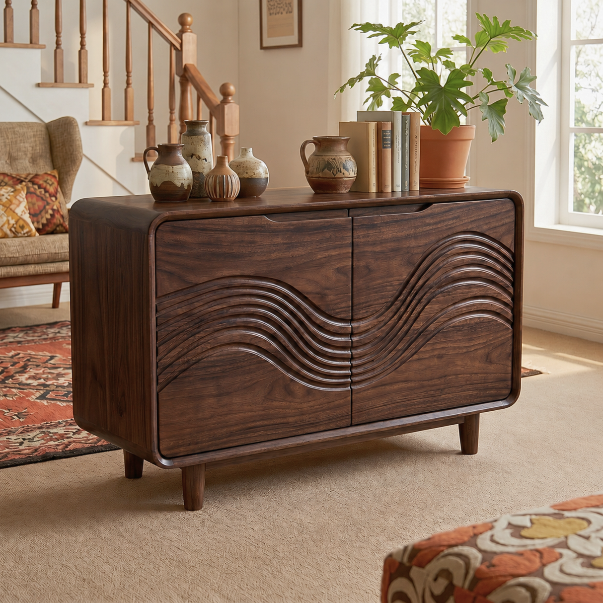 Solid Wood Two Door Sideboard with Wave Relief FrontSolid Wood Two Door Sideboard with Wave Relief Front
