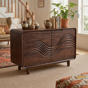 Solid Wood Two Door Sideboard with Wave Relief FrontSolid Wood Two Door Sideboard with Wave Relief Front