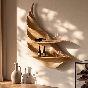 Twisting Leaf Solid Wood Wall Wine Holder with Two Display Shelves