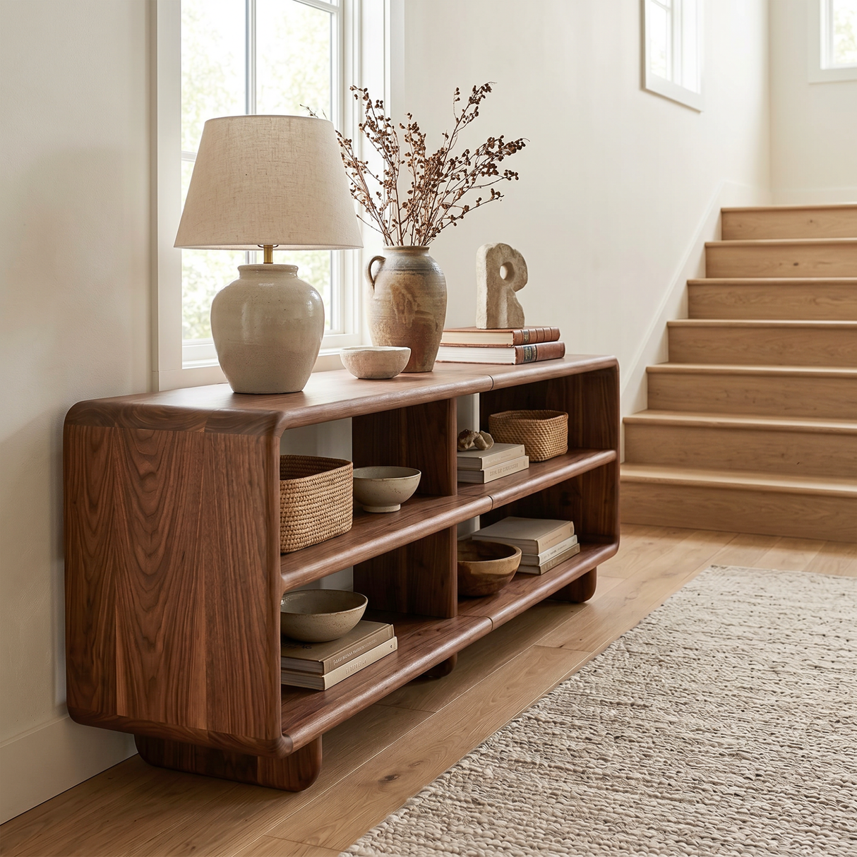Solid Wood Open Shelf Sideboard with Rounded Edge Storage Design