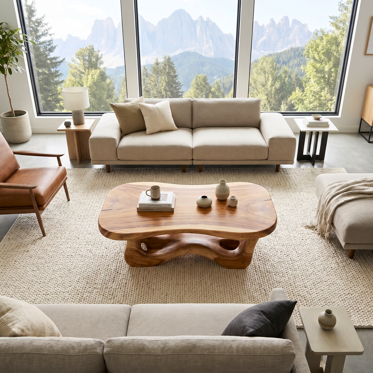 Organic Solid Wood Coffee Table with Flowing Sculptural Base and Soft Rounded Top