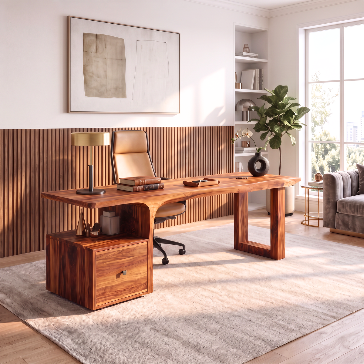 Sculptural Solid Wood Desk With Side Drawer For Home Office