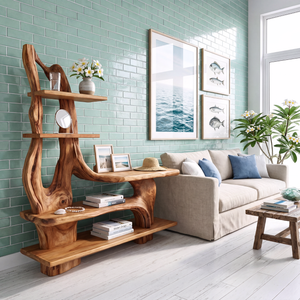 Artistic Solid Wood Console Table with Sculptural Base and Tiered Display Shelves Organic Freeform Console Table