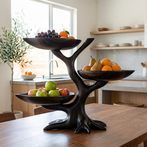Handcrafted Solid Wood Tiered Fruit Centerpiece with Tree-Limb Stand and Curved Bowl Trays