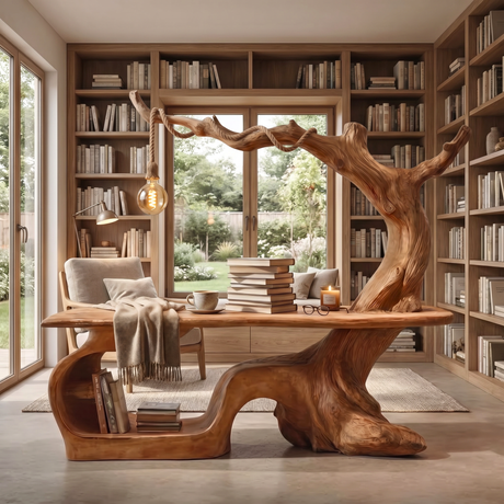 Handmade Solid Wood Tree Desk With Hanging Lamp Organic Modern Sculptural Office Table
