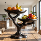 Handmade Wave Edge Solid Wood Fruit Bowl with Two-Tier Sculptural Stand
