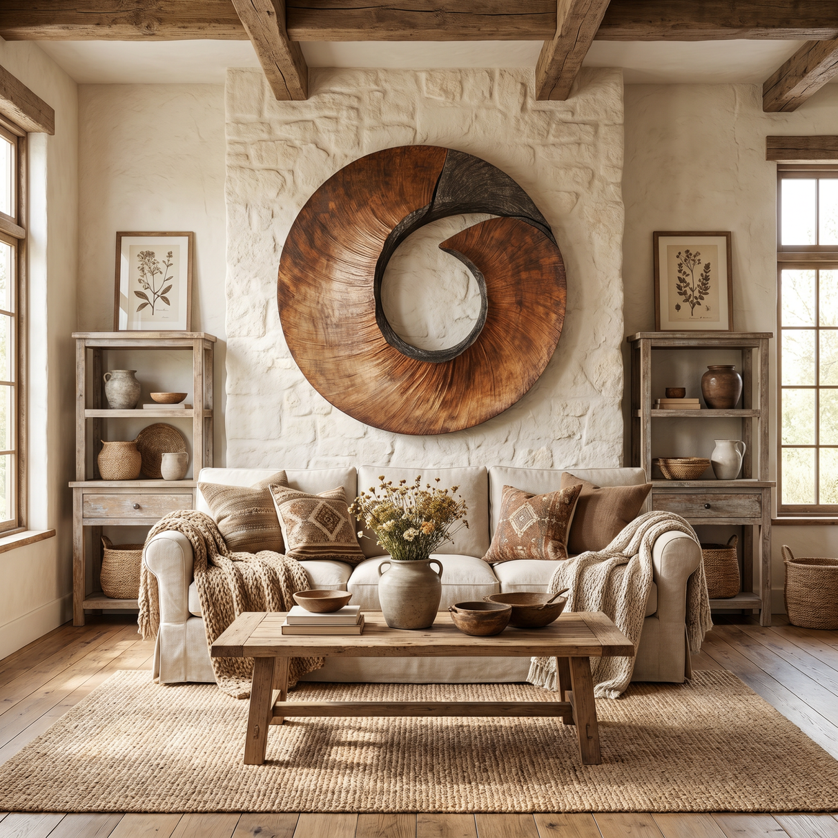 Handcrafted Spiral Wood Wall Sculpture with Open Center and Dark Textured Accent