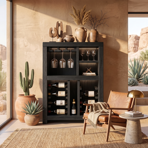 Solid Wood Wine Cabinet with Bottle Racks and Stemware Storage for Home Bar