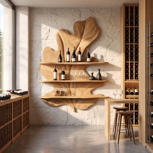 Tropical Leaf Solid Wood Wall Wine Holder with Three Display Shelves