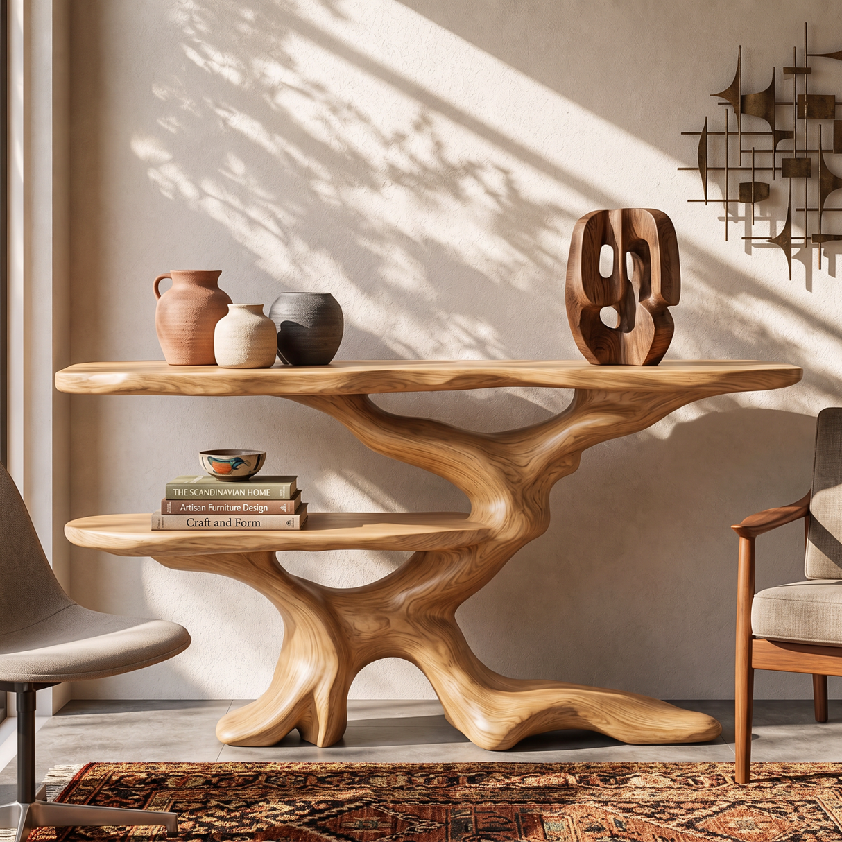 Console Table Solid Wood with Sculptural Branching Two Tier Base for Entryway Decor