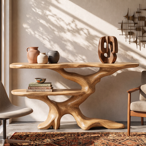 Console Table Solid Wood with Sculptural Branching Two Tier Base for Entryway Decor