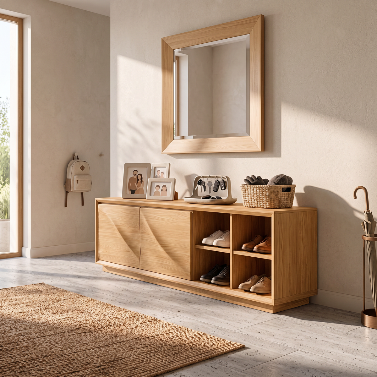 Shoe Cabinet Solid Wood with Closed Storage and Open Shelves