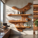 Organic Solid Wood Wine Rack with Floating Display Shelves and Sculptural Wall Form