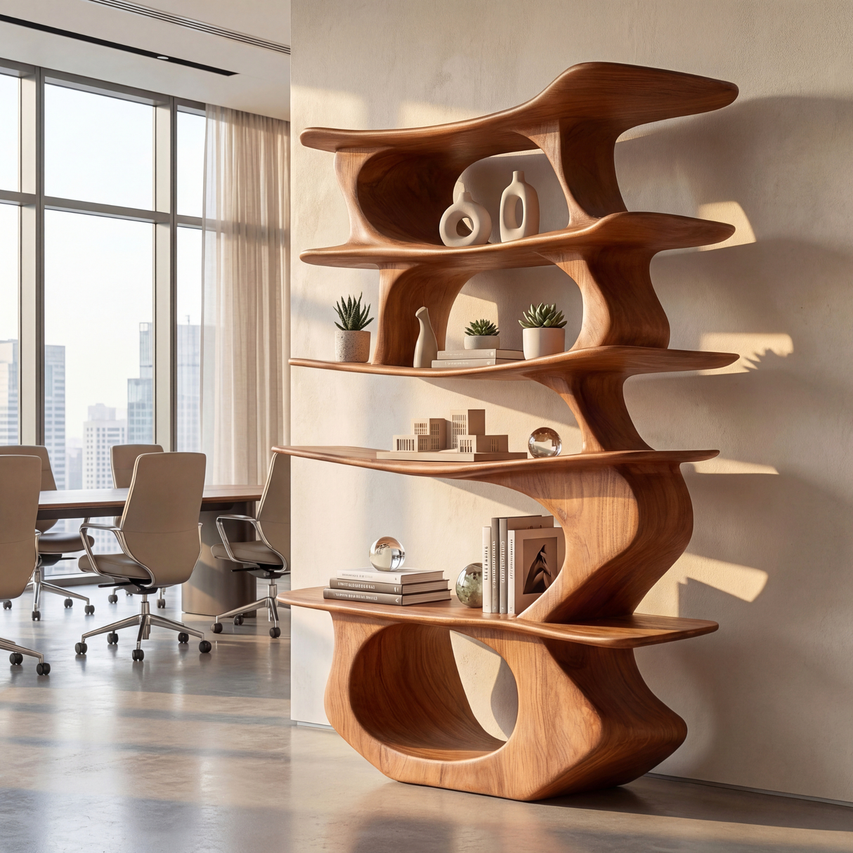 Sculpted Vertical Wood Display Shelf with Floating Asymmetrical Tiers