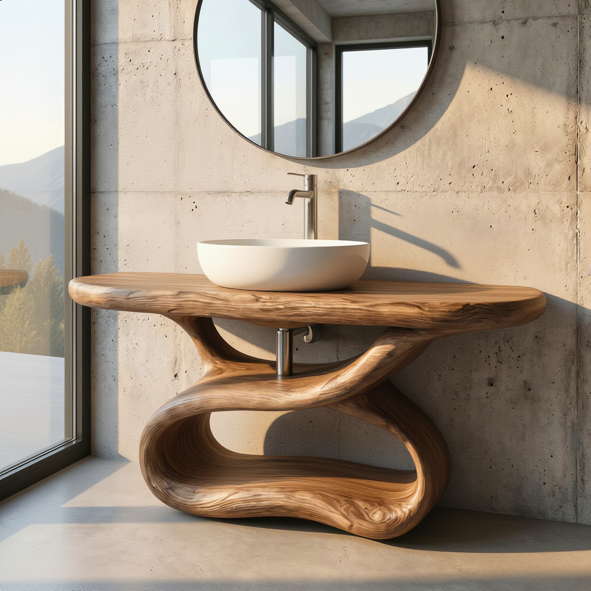 Sculptural Solid Wood Bathroom Vanity with Open Shelf Base