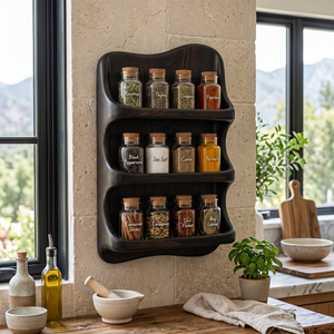 Curved Solid Wood Wall Spice Organizer with Three Open Display Tiers