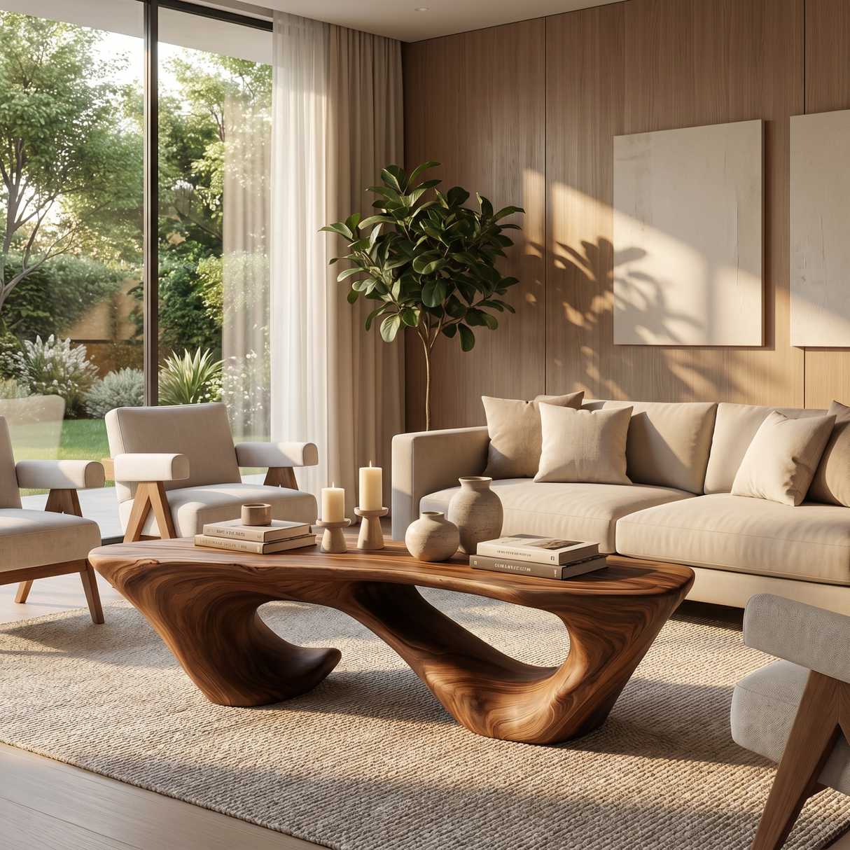 Solid Wood Coffee Table with Double Hollow Sculptural Base for Living Room