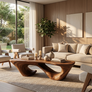 Solid Wood Coffee Table with Double Hollow Sculptural Base for Living Room