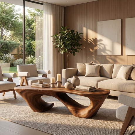 Solid Wood Coffee Table with Double Hollow Sculptural Base for Living Room