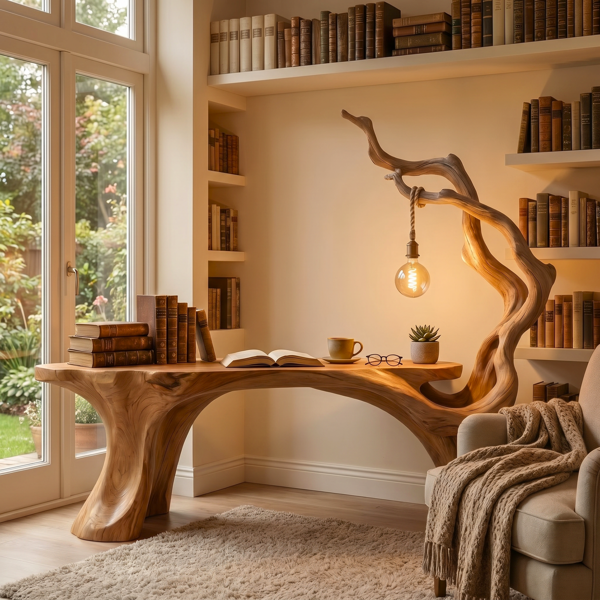 Handmade Solid Wood Sculptural Desk With Hanging Lamp Organic Modern Artistic Workspace Table