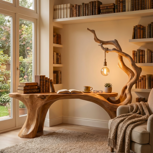 Handmade Solid Wood Sculptural Desk With Hanging Lamp Organic Modern Artistic Workspace Table