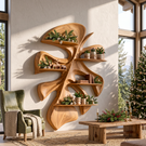 Tropical Leaf Solid Wood Wall Shelf with Sculptural Floating Display Shelves