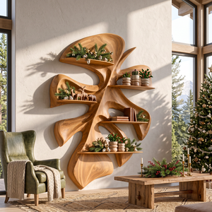 Tropical Leaf Solid Wood Wall Shelf with Sculptural Floating Display Shelves