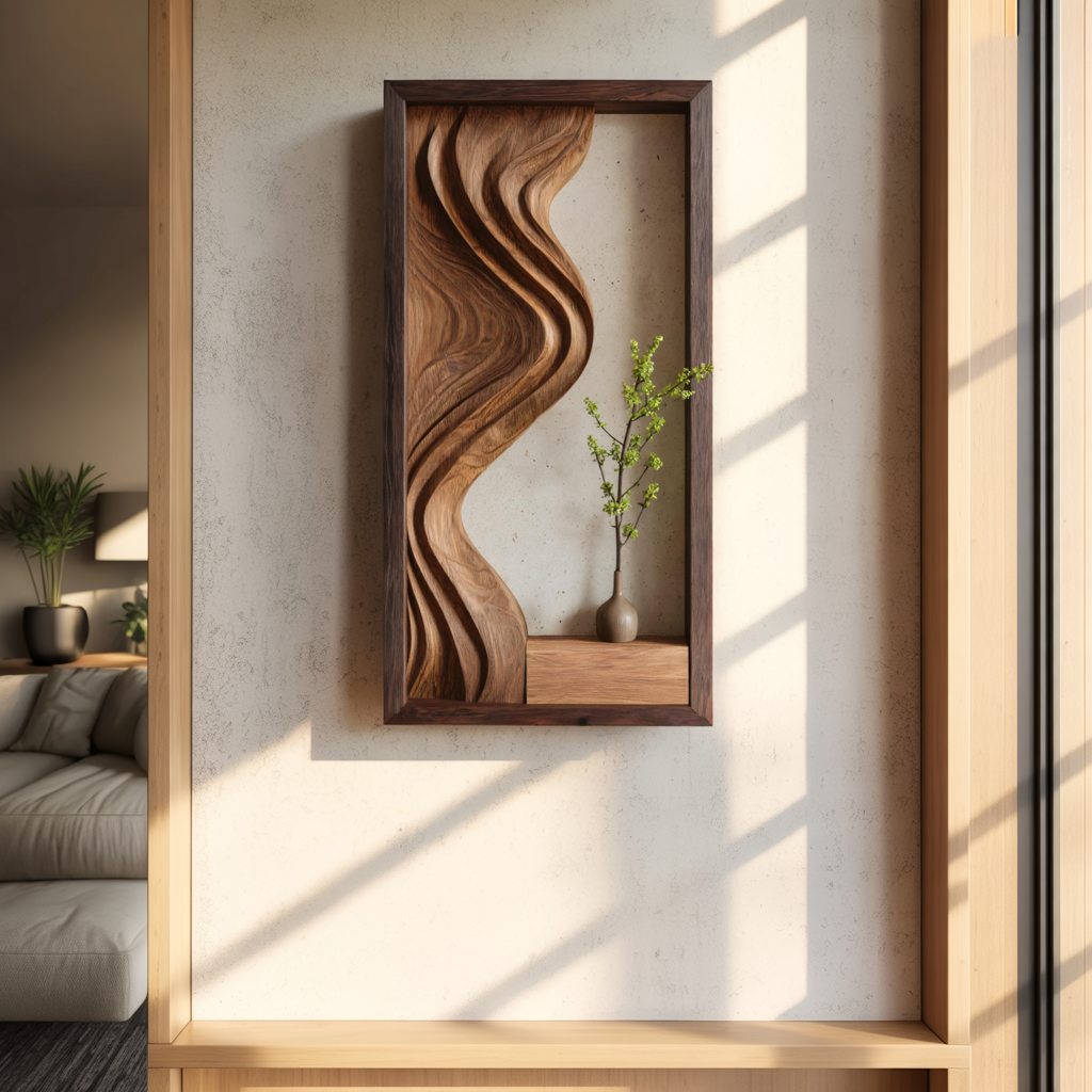 Framed Sculpted Solid Wood Wall Art with Integrated Display Shelf