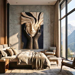 Handcrafted Solid Wood Face Wall Sculpture with Flowing Grain Hair and Black Relief Hands
