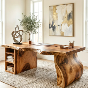 Solid Wood Executive Desk with Sculptural Panel Legs and Open Shelf