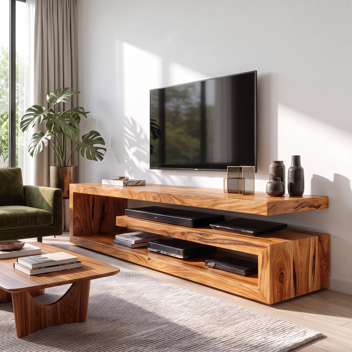 TV Console Solid Wood with Open Shelving for Living Room