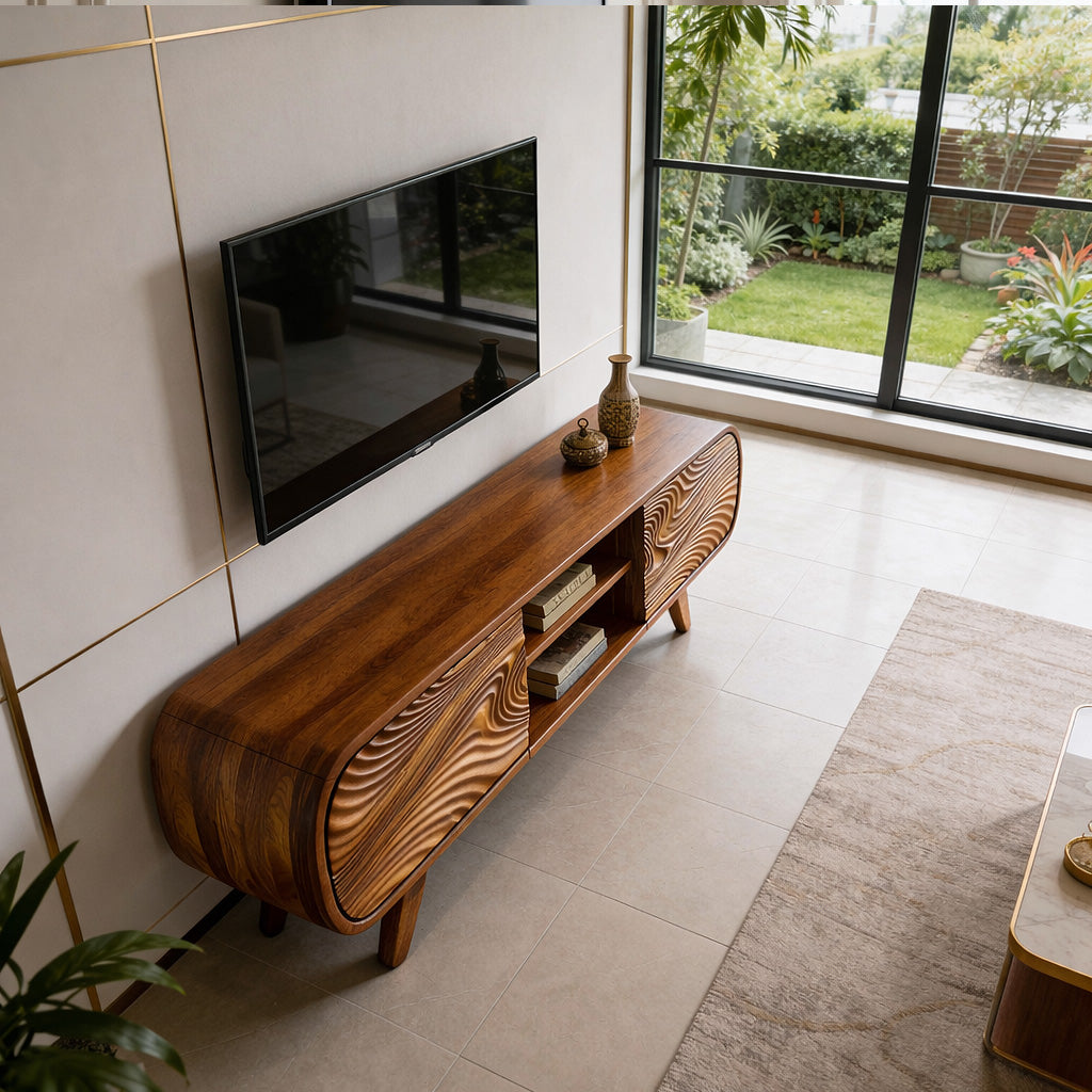 Handcrafted Solid Wood Media Cabinet with Sculpted Grain