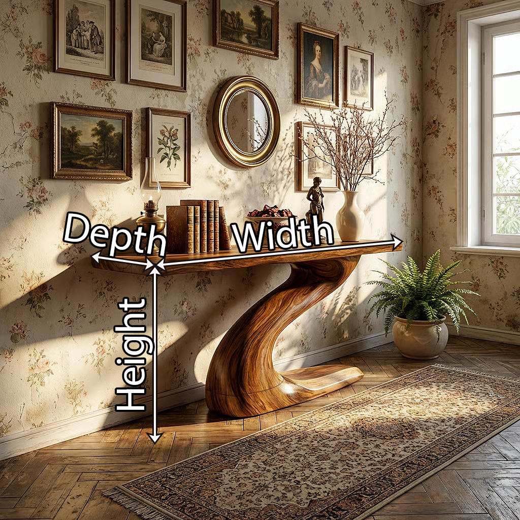 Floating Solid Wood Console Table with Curved Sculptural Base