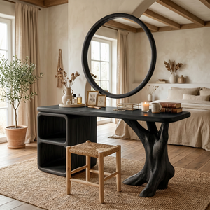 Handcrafted Solid Wood Vanity Table with Sculptural Root Base and Open Shelves