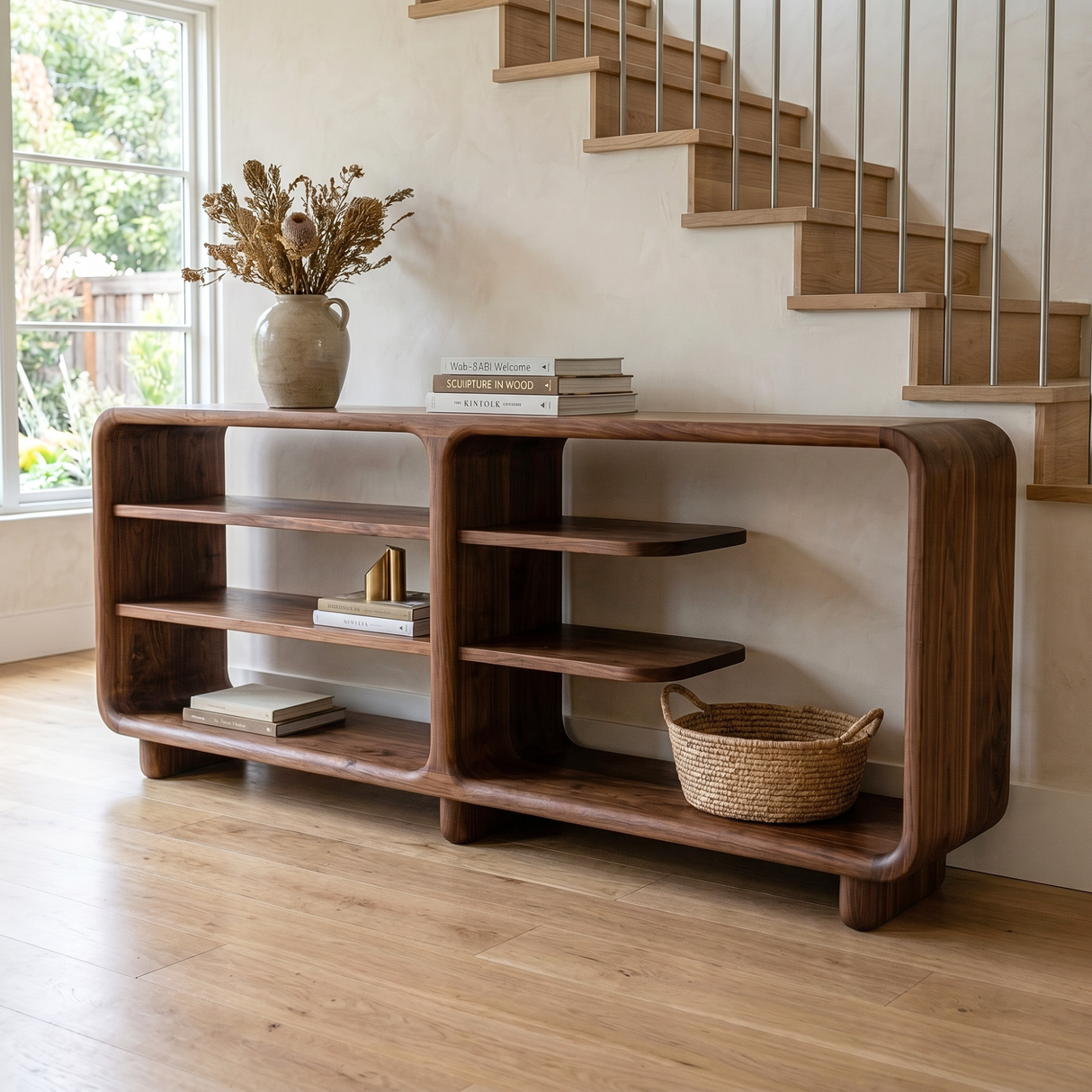 Solid Wood Rounded Console Sideboard with Open Display Shelves