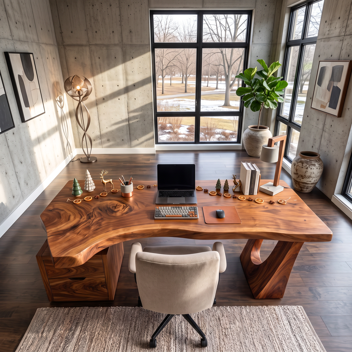 Sculptural Solid Wood Desk With Drawer Cabinet For Home Office