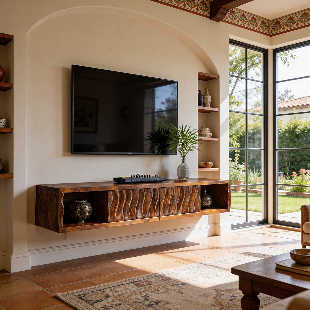 Floating Sculpted Wood TV Console with Wave Front