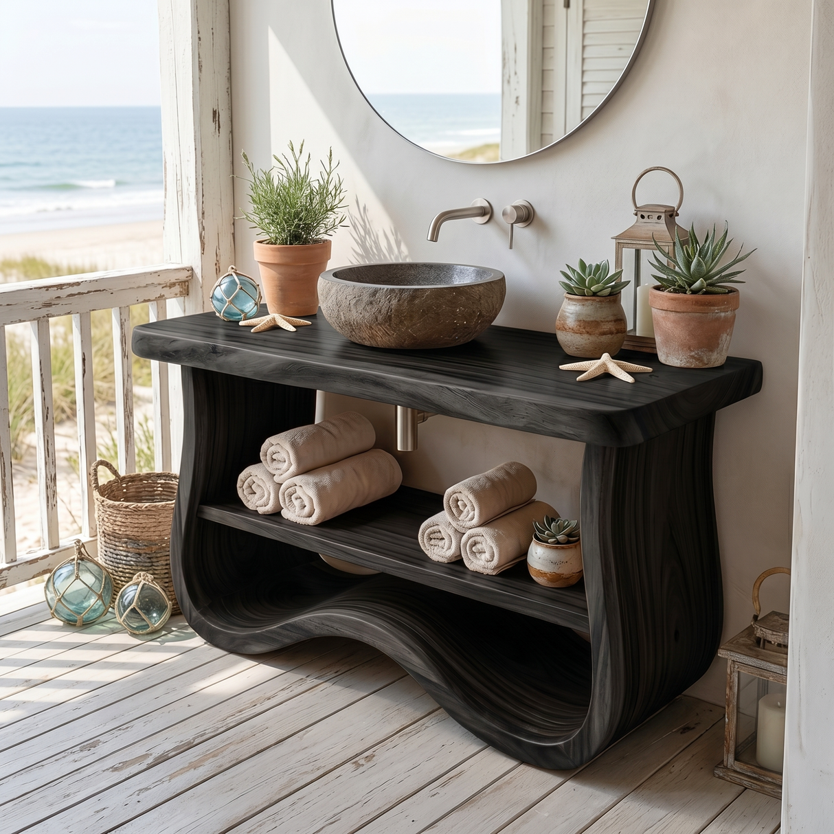 Organic Solid Wood Bathroom Vanity with Sculpted Wave Base