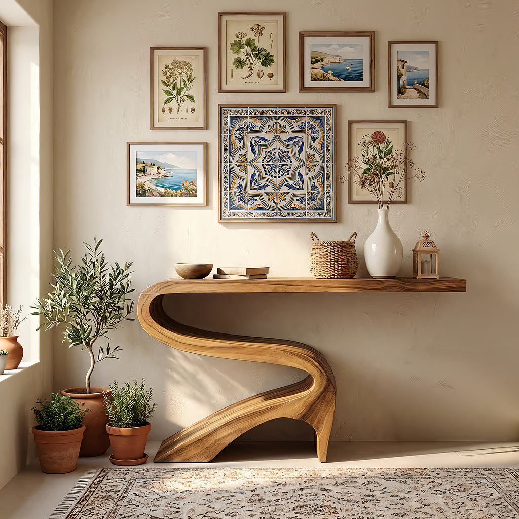 Curved Solid Wood Console Table for Mediterranean Style Interiors