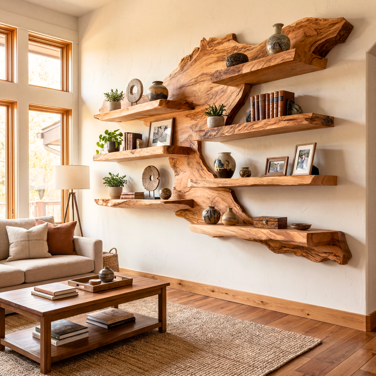 Rustic Live Edge Wooden Wall Shelf Handmade Floating Solid Wood Display Shelving