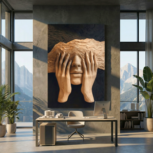 Handcrafted Solid Wood Face Wall Sculpture with Layered Wave Blindfold and Sculpted Hands
