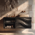 Sculptural Solid Wood Bathroom Vanity Cabinet with Flowing Carved Front